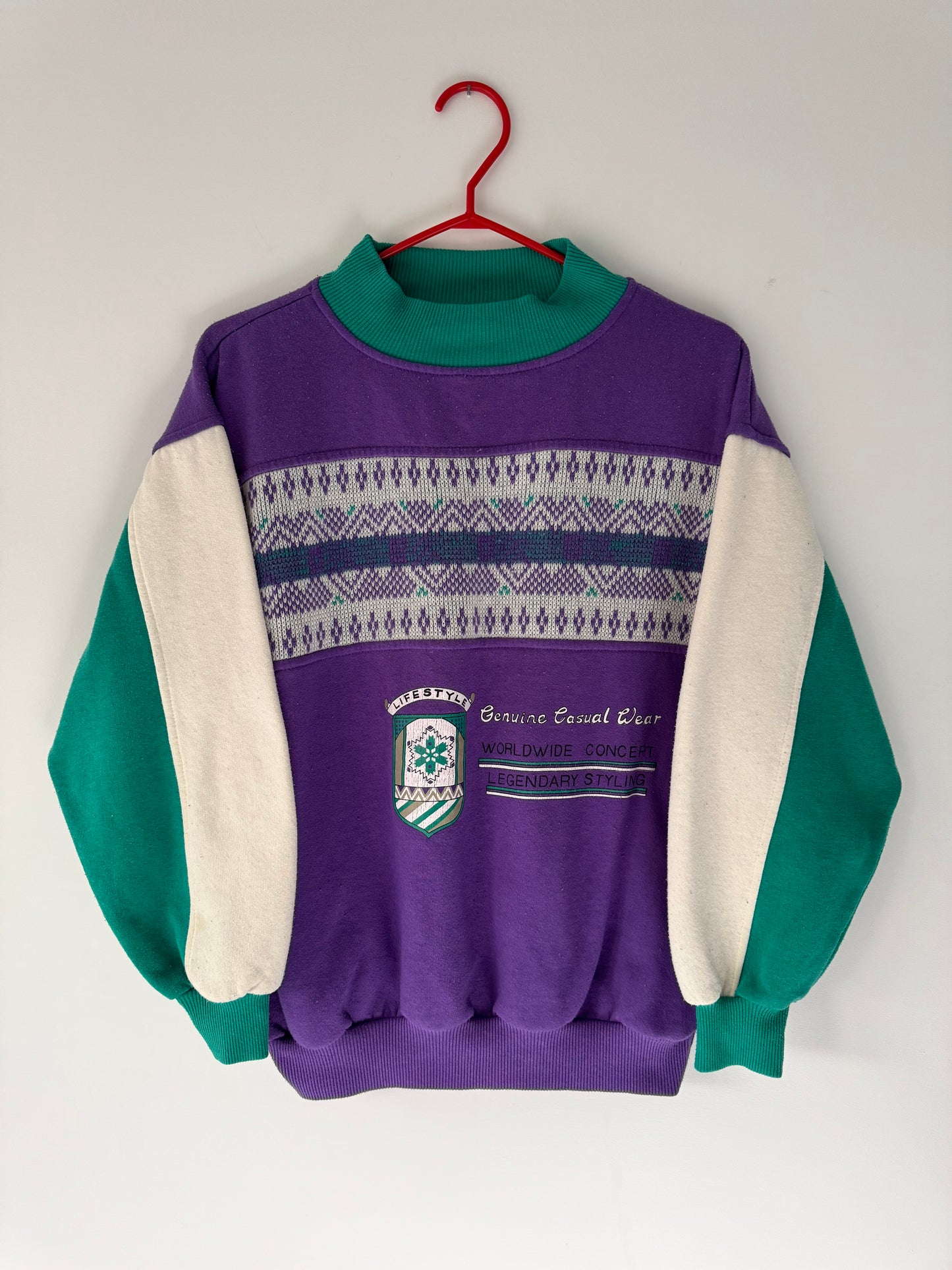 80s vintage multicolor colorblock retro style graphic crewneck pullover sweater