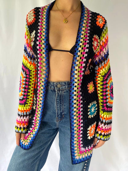 70s vintage rainbow granny square crochet knit cardigan - small | colorful bright summer open front sweater