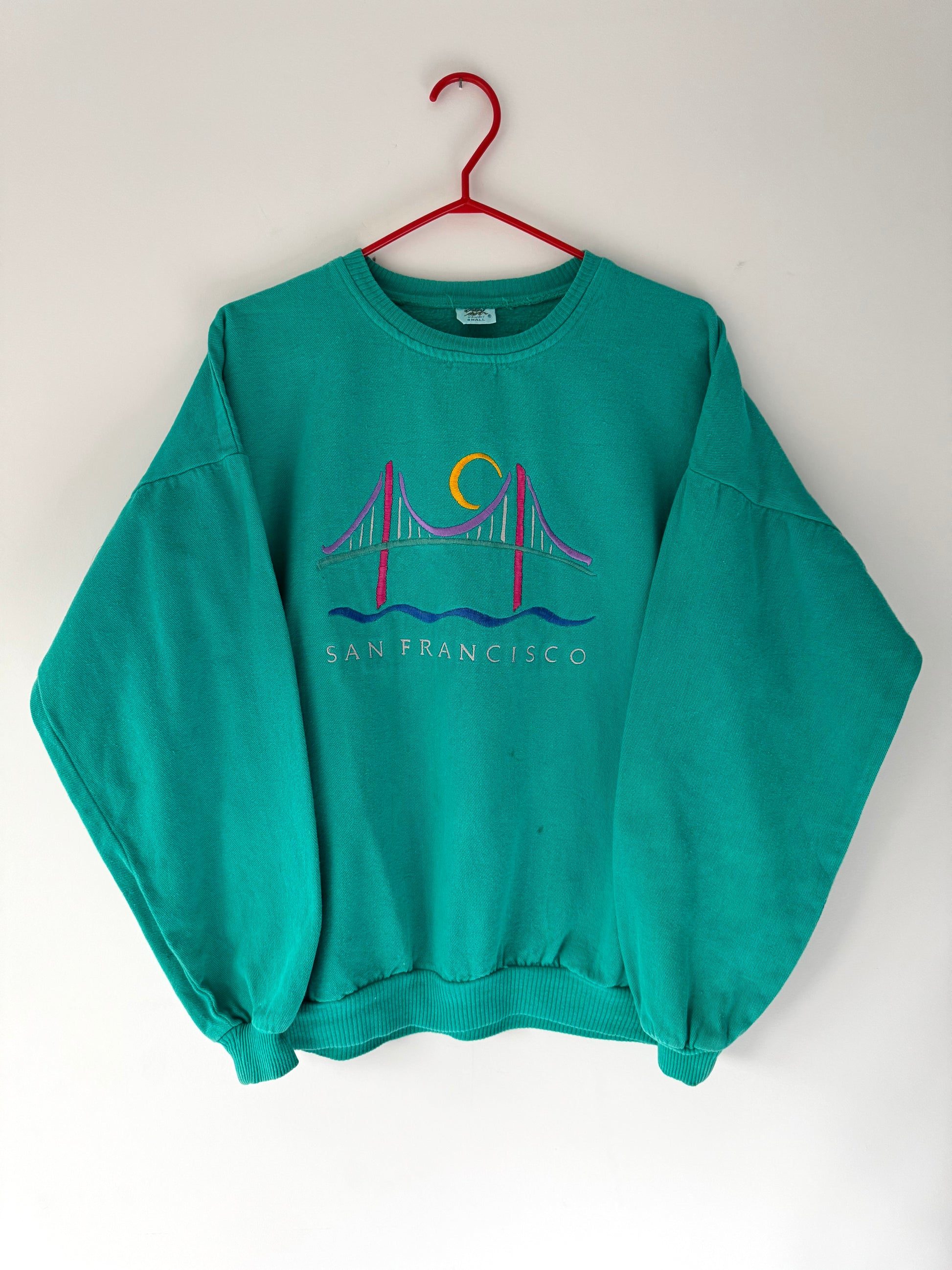 90s vintage teal san francisco retro graphic pullover sweater