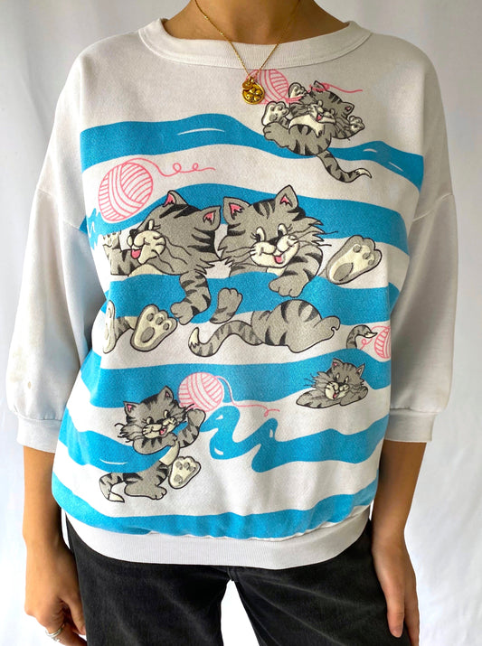 80s vintage white blue cartoon cat pullover sweater – small, medium | novelty kitten yarn ball pastel cute sweatshirt