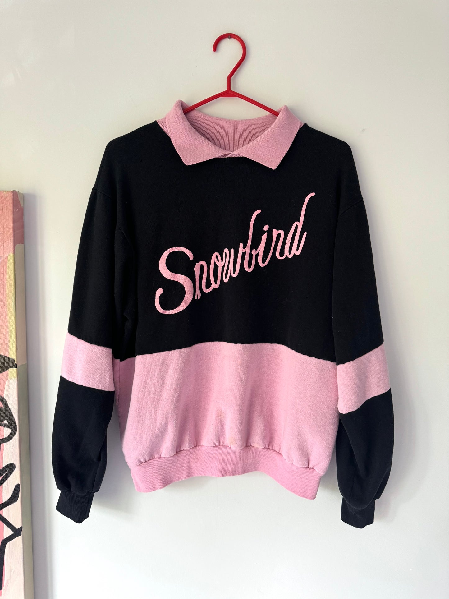 80s vintage pink black snowbird graphic collared pullover sweatshirt – small, medium | retro winter vacation print long sleeved sweater