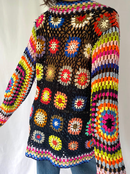 70s vintage rainbow granny square crochet knit cardigan - small | colorful bright summer open front sweater