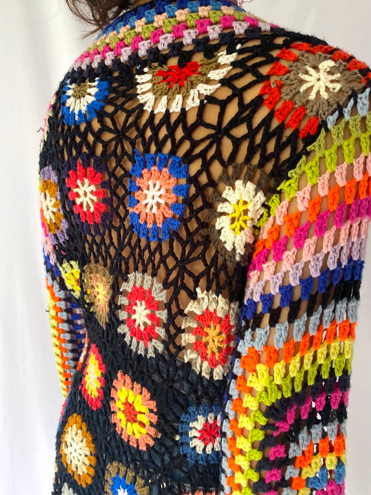 70s vintage rainbow granny square crochet knit cardigan - small | colorful bright summer open front sweater