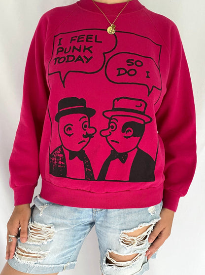 90s vintage magenta I feel punk today pullover sweatshirt – small, medium | graphic comic strip crewneck sweater