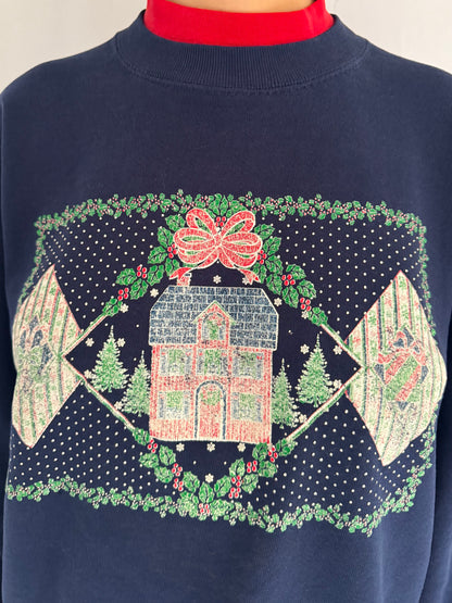 90s vintage navy blue winter holiday festive graphic pullover sweatshirt – medium, large | outdoor christmas scene cotton collared sweater