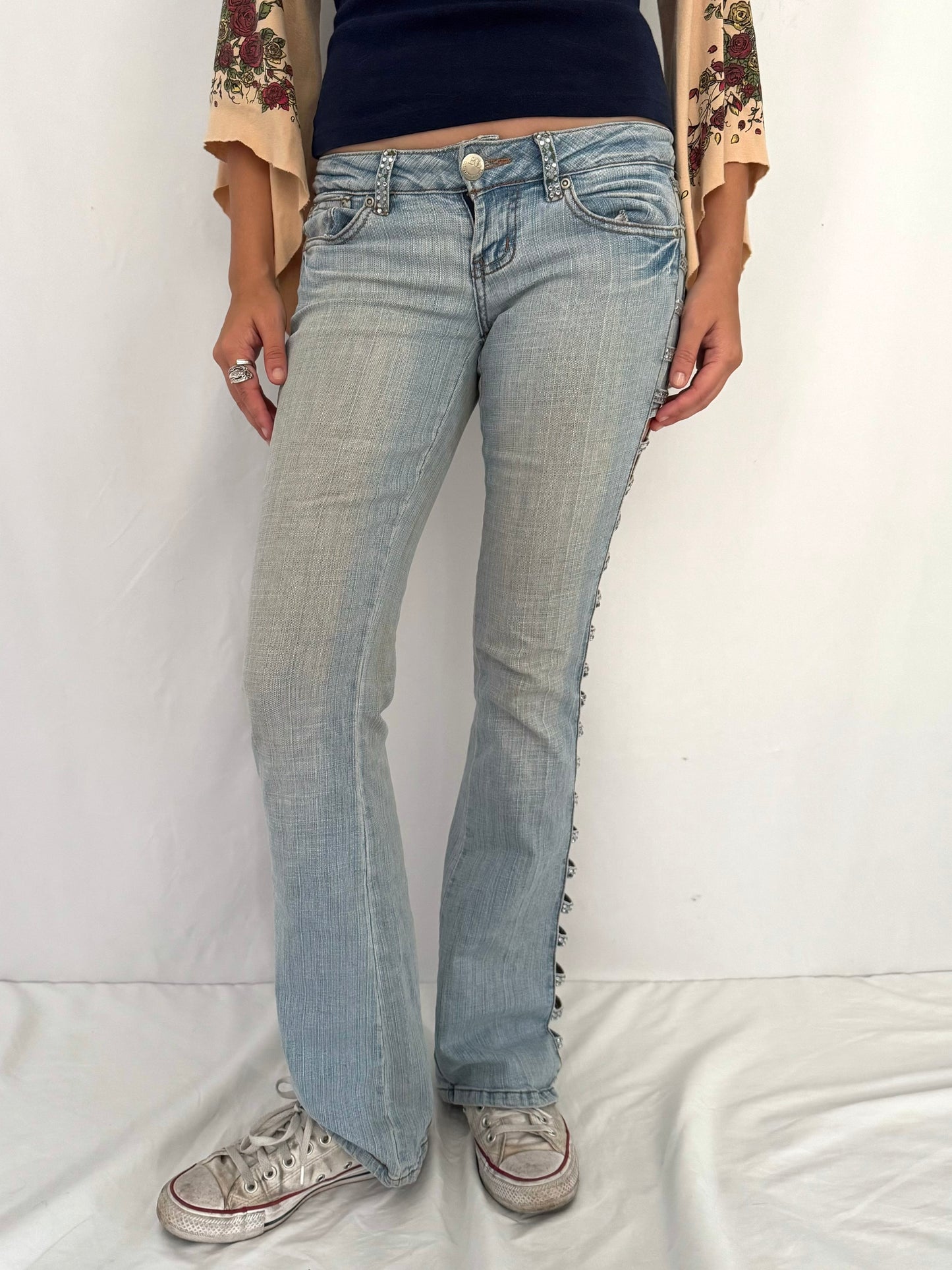 y2k vintage blue denim rhinestone cut outs jeans – small | embellished crystal studded open sides low waist slim pants