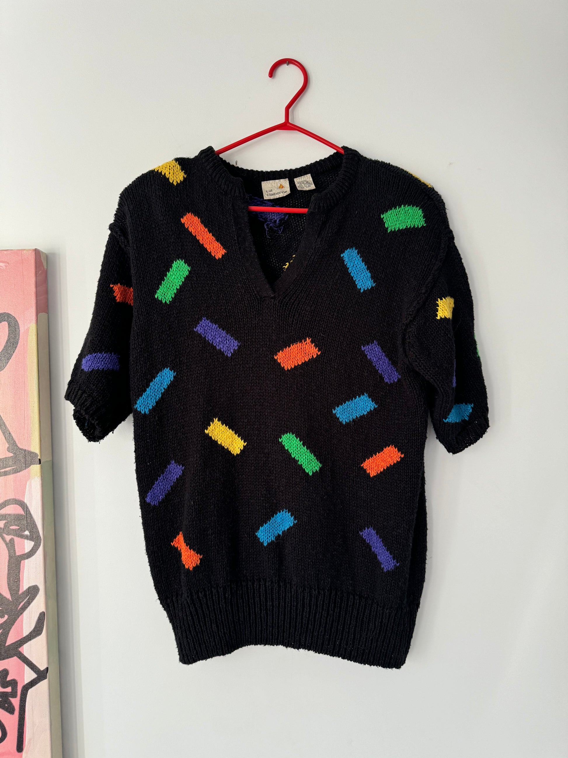 80s vintage black multicolor abstract print short sleeved knit sweater