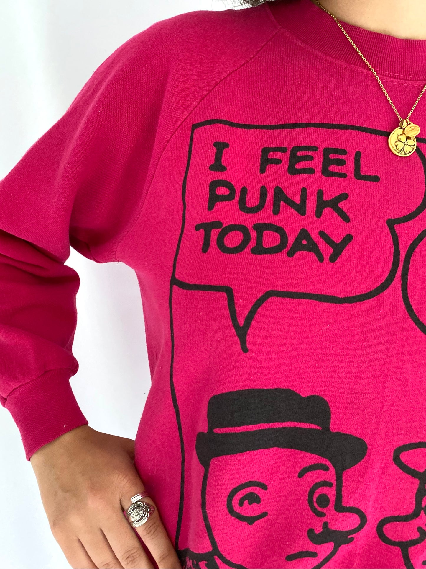 90s vintage magenta I feel punk today pullover sweatshirt – small, medium | graphic comic strip crewneck sweater