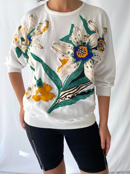 80s vintage white colorful sunflower pullover sweater