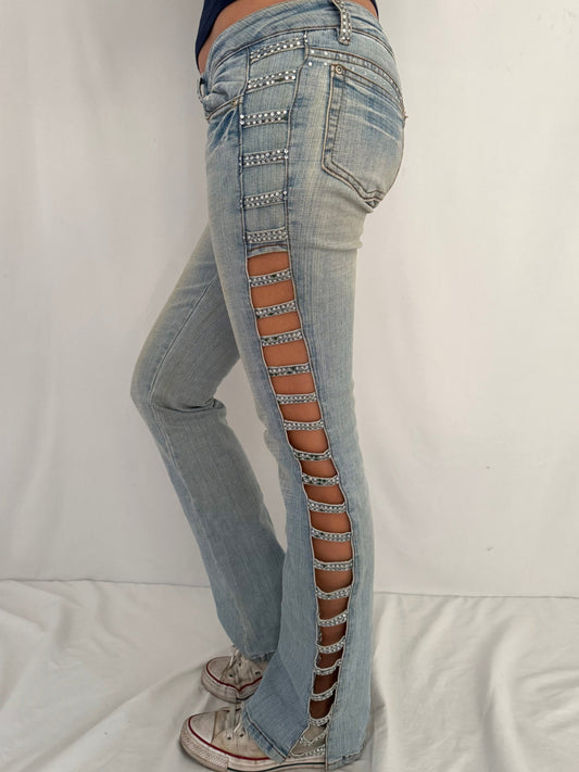 y2k vintage blue denim rhinestone cut outs jeans – small | embellished crystal studded open sides low waist slim pants