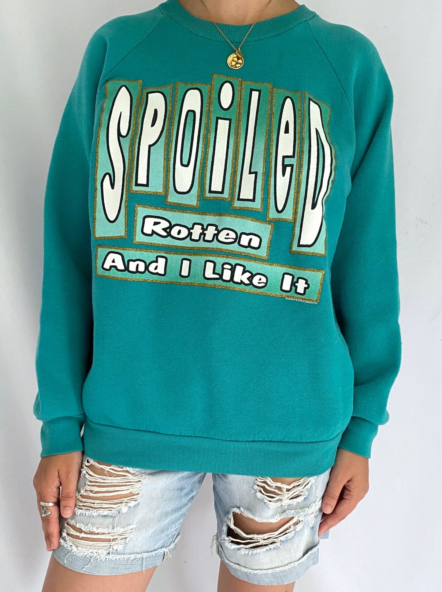 90s vintage turquoise spoiled rotten and I like it pullover sweater – medium | novelty tacky spellout glitter sweatshirt