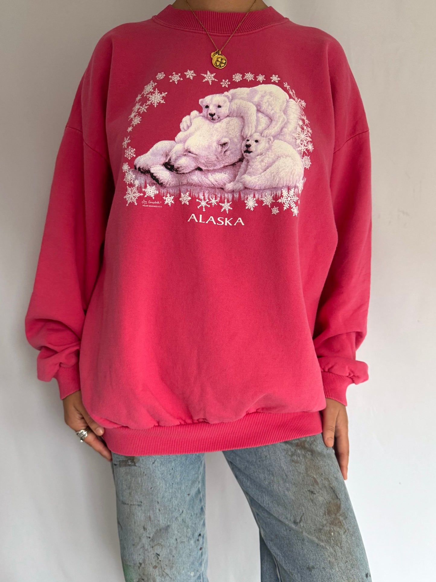 90s vintage pink alaska polar bears pullover sweatshirt – extra large | unisex snowy winter graphic crewneck sweater