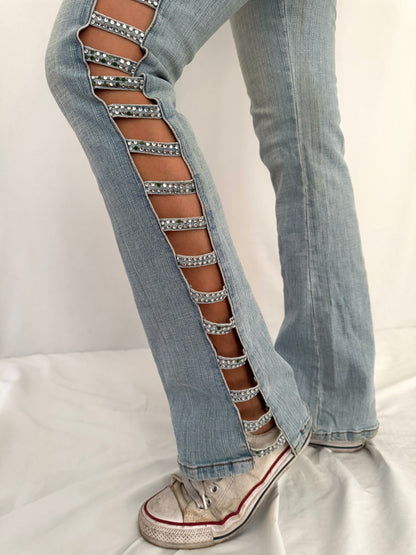 y2k vintage blue denim rhinestone cut outs jeans – small | embellished crystal studded open sides low waist slim pants