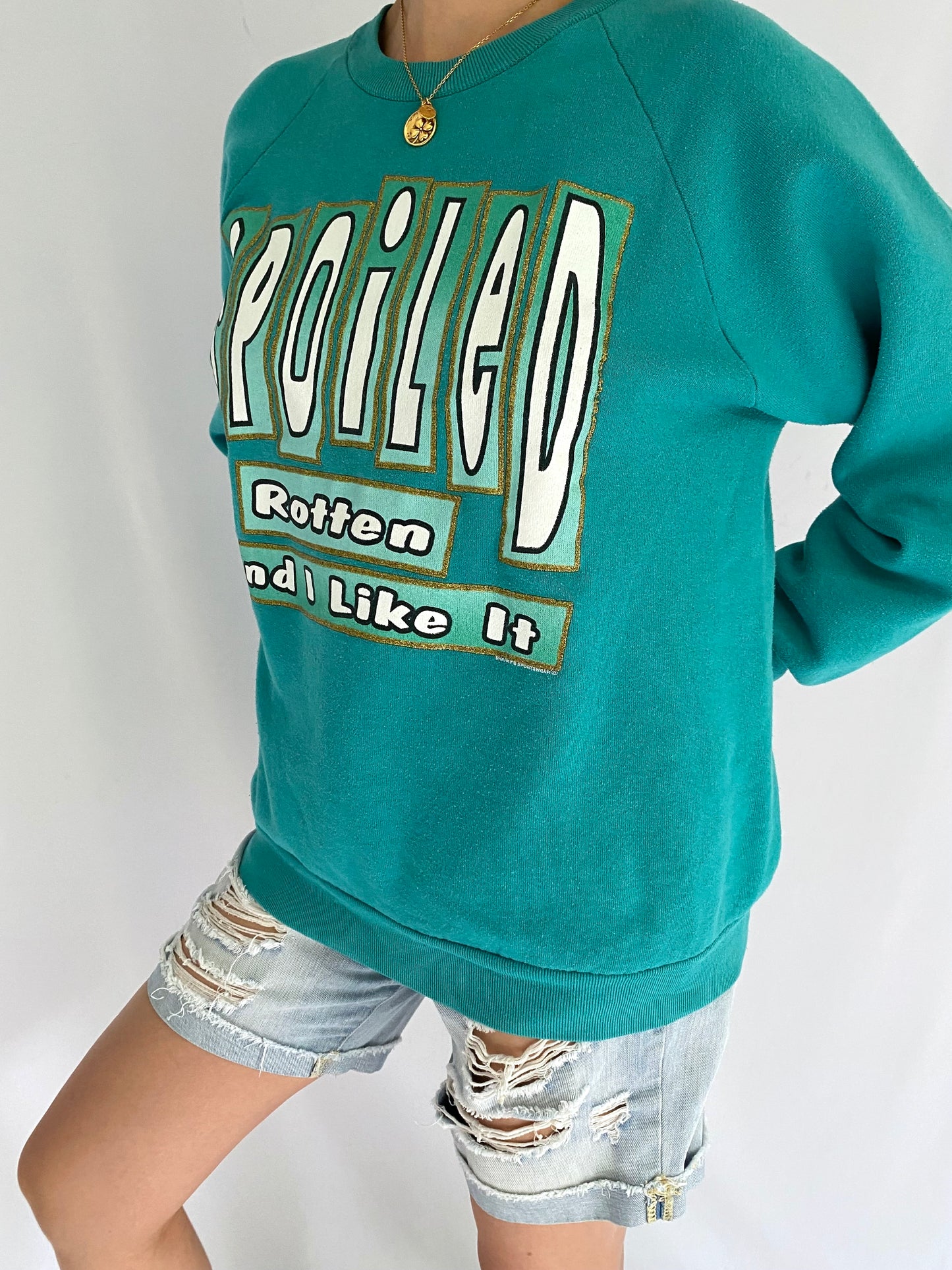 90s vintage turquoise spoiled rotten and I like it pullover sweater – medium | novelty tacky spellout glitter sweatshirt