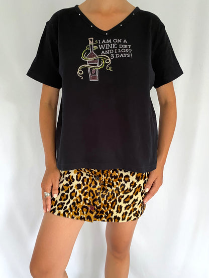 90s vintage black rhinestone wine diet short sleeved tshirt – medium | funky humor cotton tee shirt