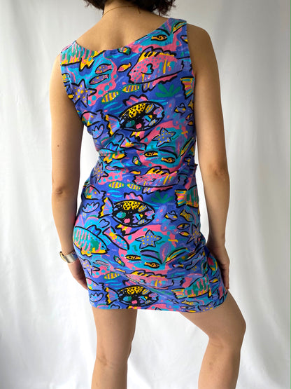 90s vintage multicolor tropical fish sleeveless short dress