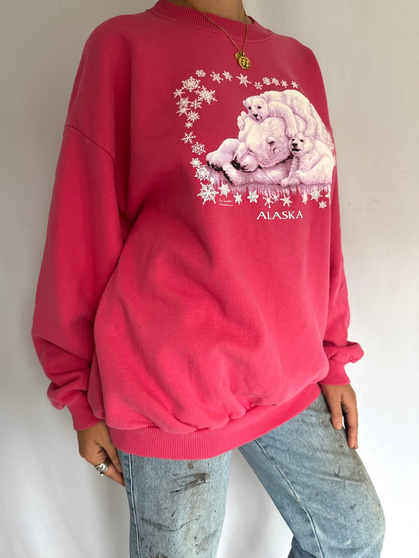 90s vintage pink alaska polar bears pullover sweatshirt – extra large | unisex snowy winter graphic crewneck sweater