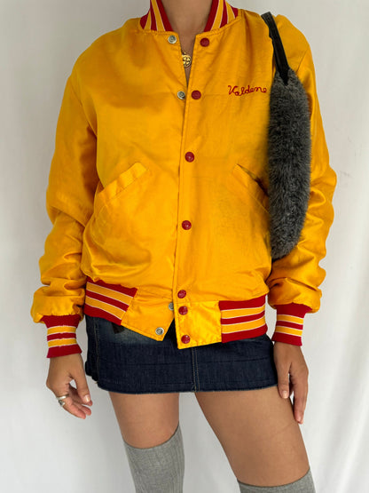 80s vintage yellow red satin bowling varsity jacket – small | unisex graphic athletic casual snap buttons