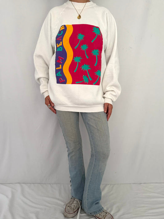 90s vintage palm beach florida graphic unisex pullover sweater – extra large | colorful retro print souvenir crewneck sweatshirt