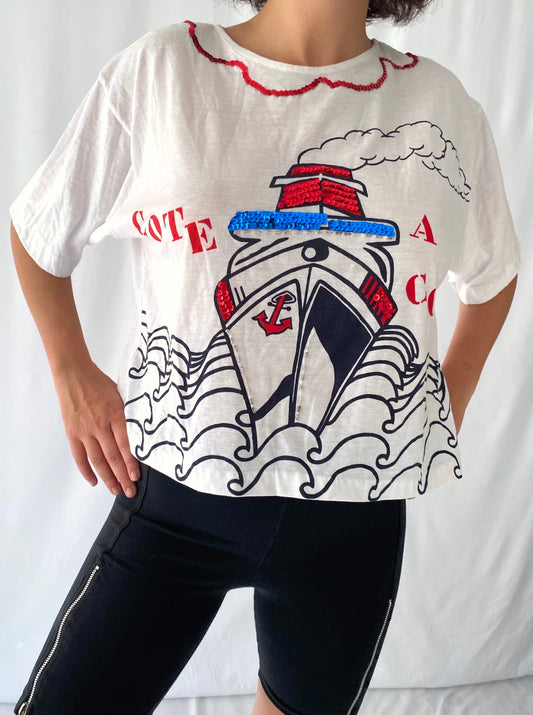 90s vintage white nautical sailor cotton crop tee – small, medium | funky sailor sequins beaded half sleeve top