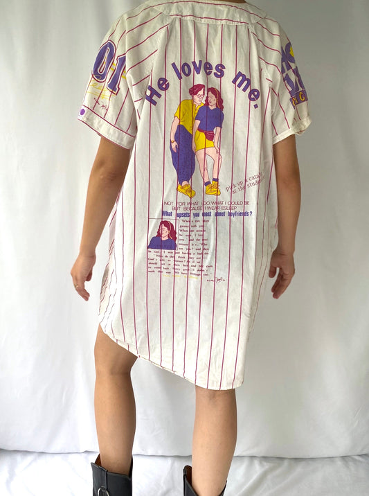 90s vintage white purple striped sorority jersey button up dress – one size | esleep baseball varsity pajama tunic