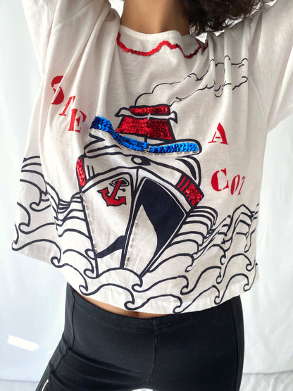 90s vintage white nautical sailor cotton crop tee – small, medium | funky sailor sequins beaded half sleeve top