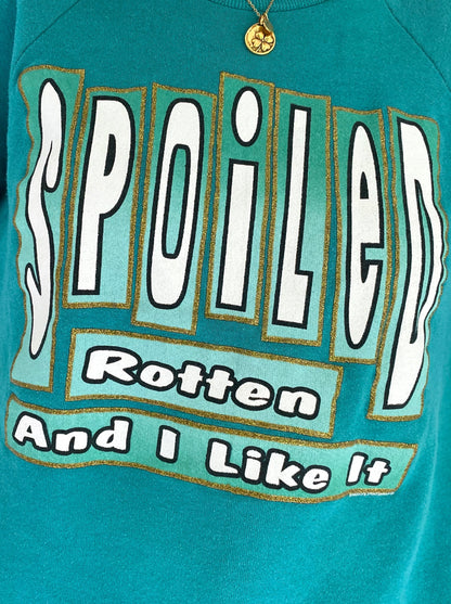 90s vintage turquoise spoiled rotten and I like it pullover sweater – medium | novelty tacky spellout glitter sweatshirt