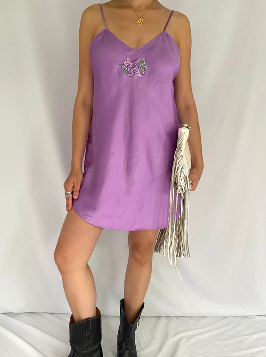 80s vintage lilac purple floral short slip dress - medium | shiny silky satin cami minidress chemise nightgown