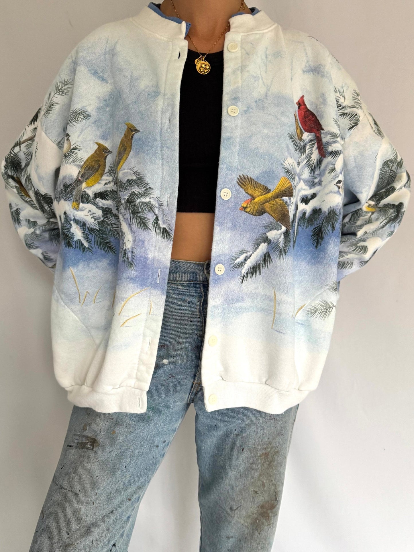 90s vintage winter snow birds graphic cardigan sweatshirt