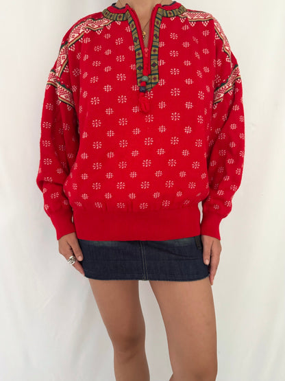 80s vintage red boho aztec quarter zip knit pullover sweater – large | hippy artsy folk beaded nordic long sleeved cardigan