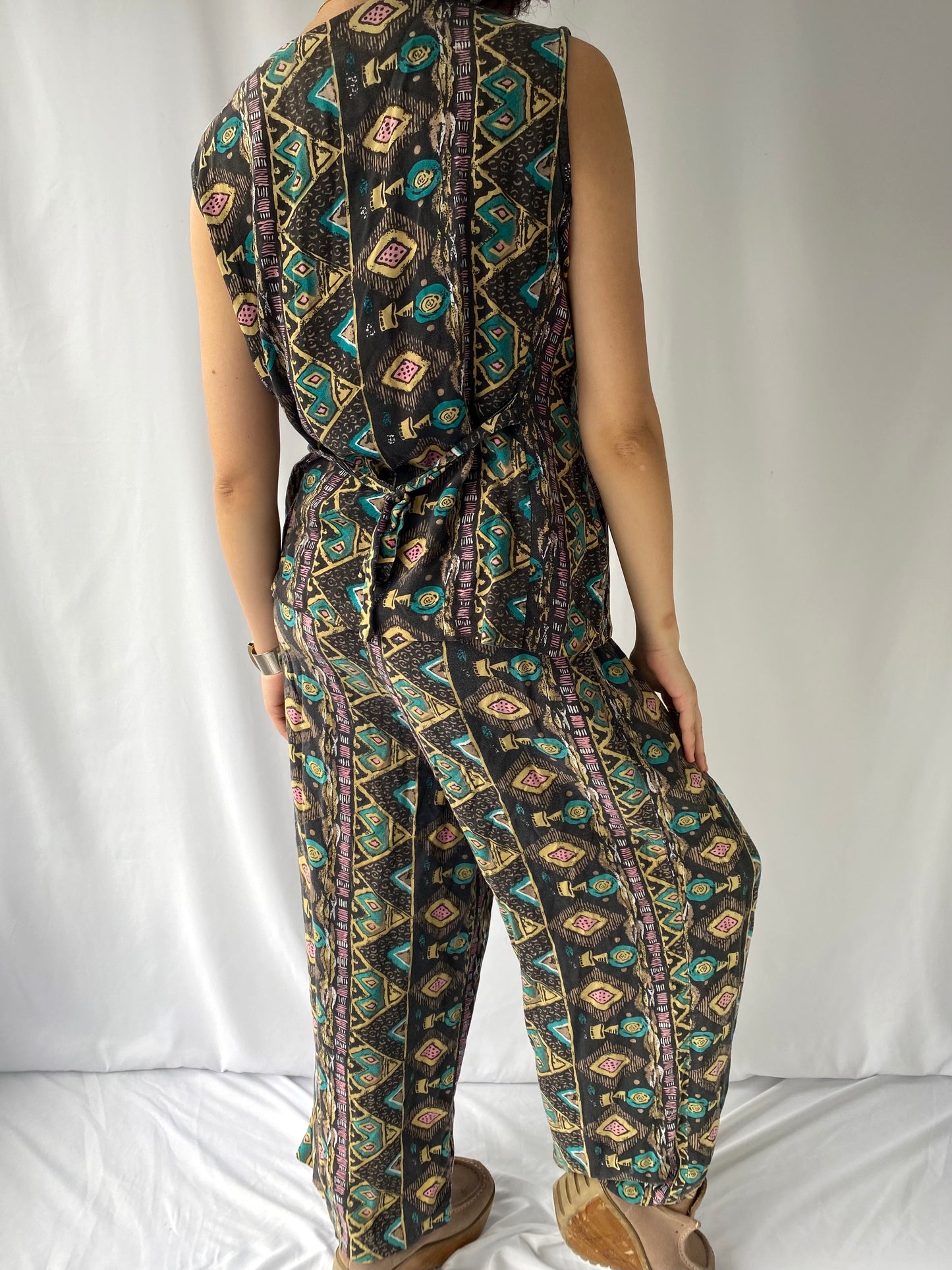 90s vintage brown boho aztec vest top pants matching set – medium | hippy casual lounge coord set