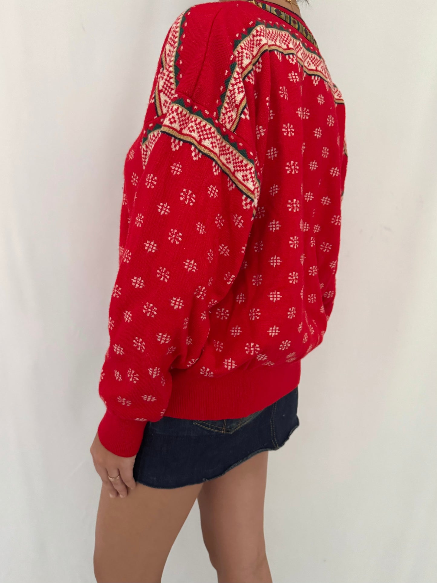 80s vintage red boho aztec quarter zip knit pullover sweater – large | hippy artsy folk beaded nordic long sleeved cardigan