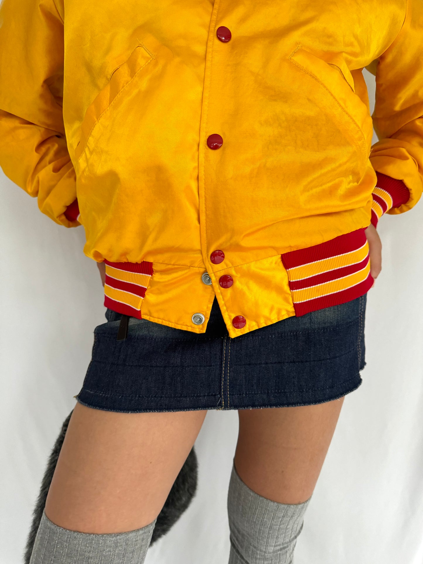 80s vintage yellow red satin bowling varsity jacket – small | unisex graphic athletic casual snap buttons