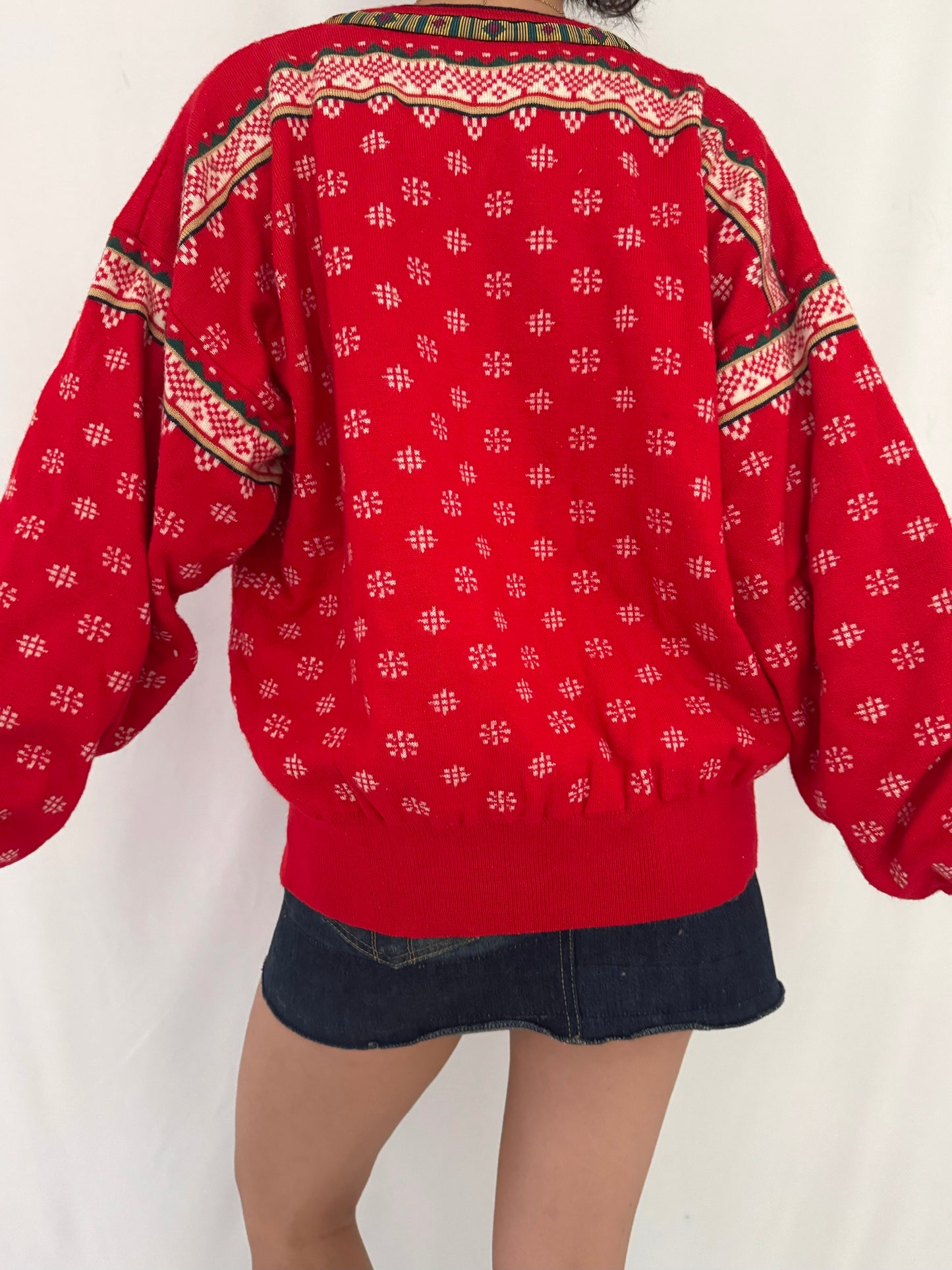 80s vintage red boho aztec quarter zip knit pullover sweater – large | hippy artsy folk beaded nordic long sleeved cardigan