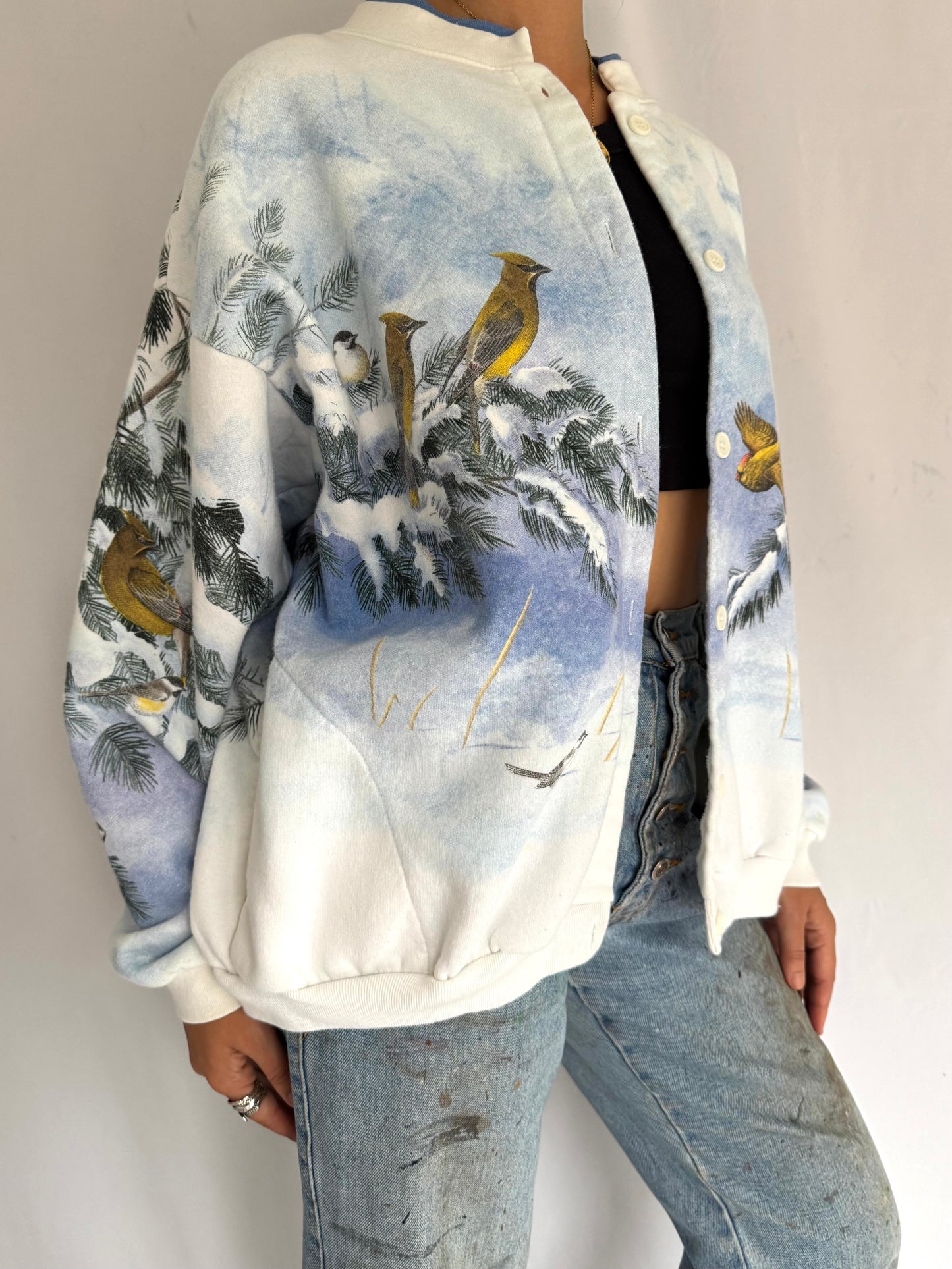 90s vintage winter snow birds graphic cardigan sweatshirt