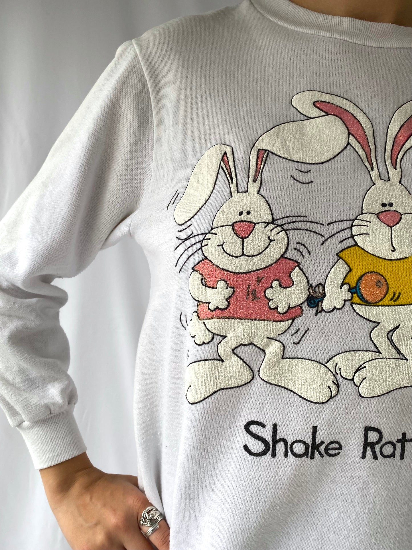 80s vintage cartoon bunnies shake rattle roll pullover sweatshirt – small, medium | graphic cotton unisex crewneck sweater