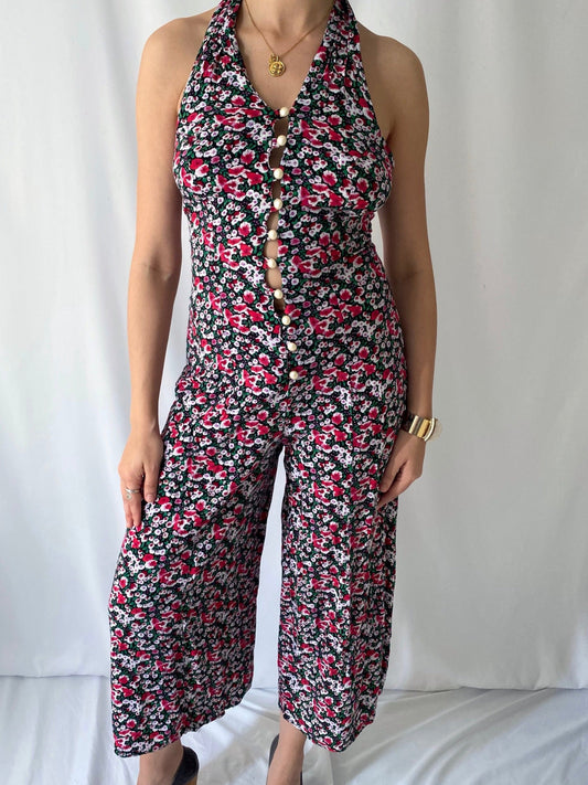 90s vintage multicolor floral pearly button up halter flared pant jumpsuit – small | cocktail dressy fitted sleeveless pantsuit