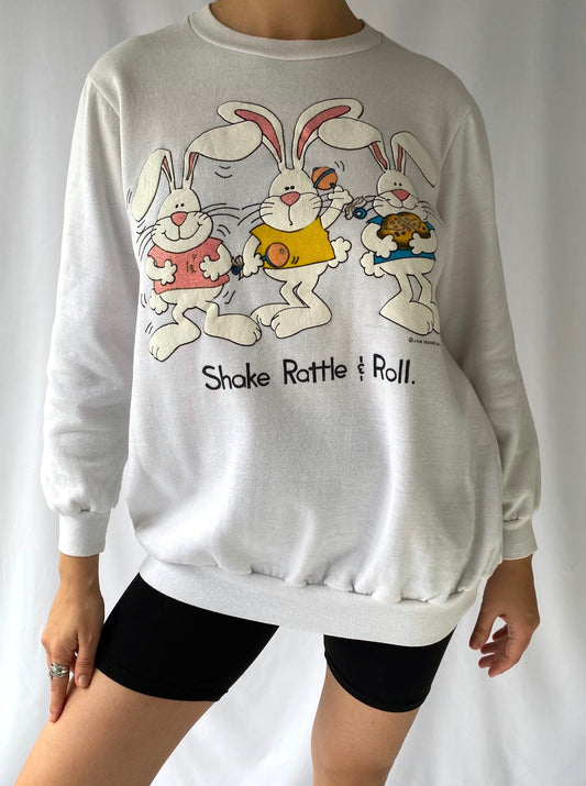 80s vintage cartoon bunnies shake rattle roll pullover sweatshirt – small, medium | graphic cotton unisex crewneck sweater