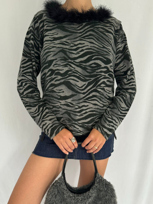 90s vintage grey zebra stripes feather trim top – medium | unique funky animal print long sleeved shirt