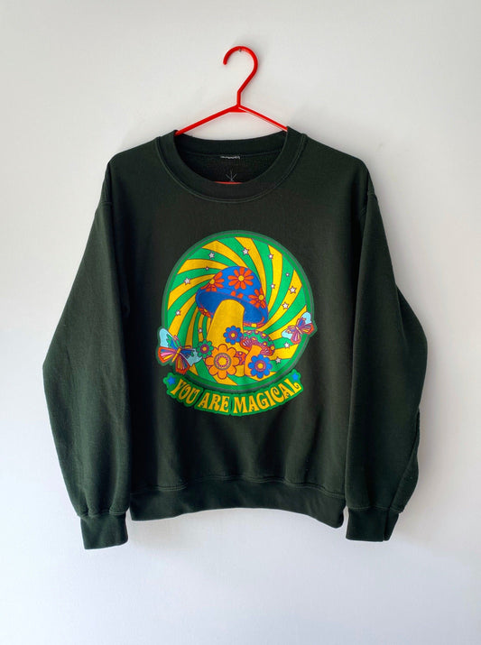 y2k retro green shrooms hippy pullover sweatshirt – small | groovy rainbow psychedelic crewneck sweater