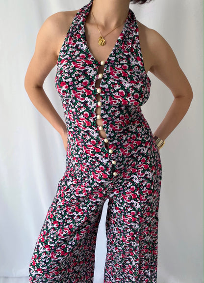 90s vintage multicolor floral pearly button up halter flared pant jumpsuit