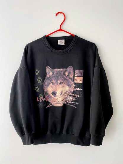 90s vintage black wolf crewneck pullover sweater