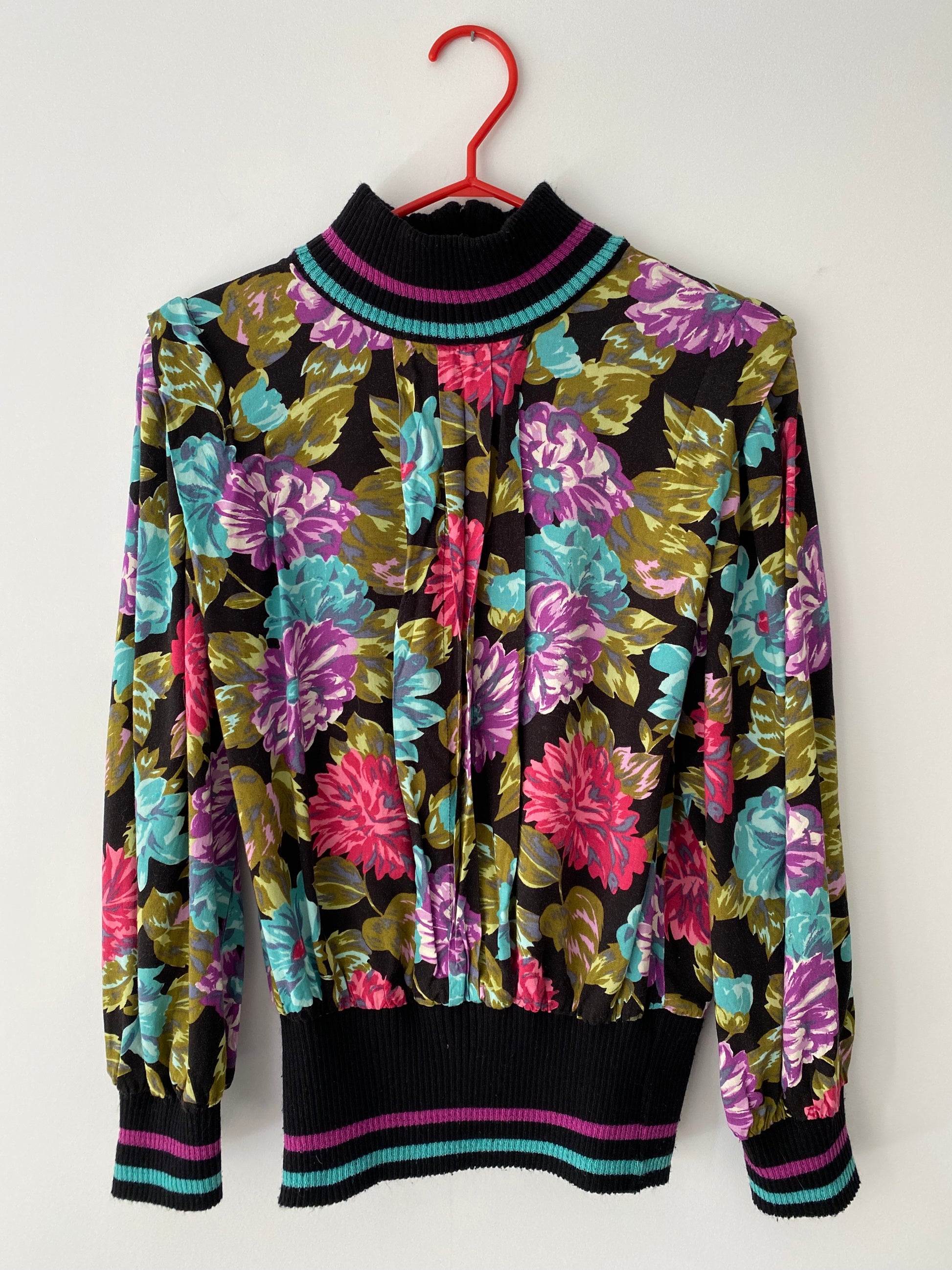 80s vintage multicolor floral striped turtleneck sweater