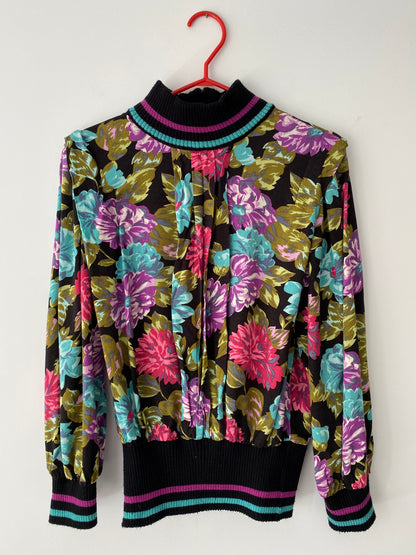80s vintage multicolor floral striped turtleneck sweater