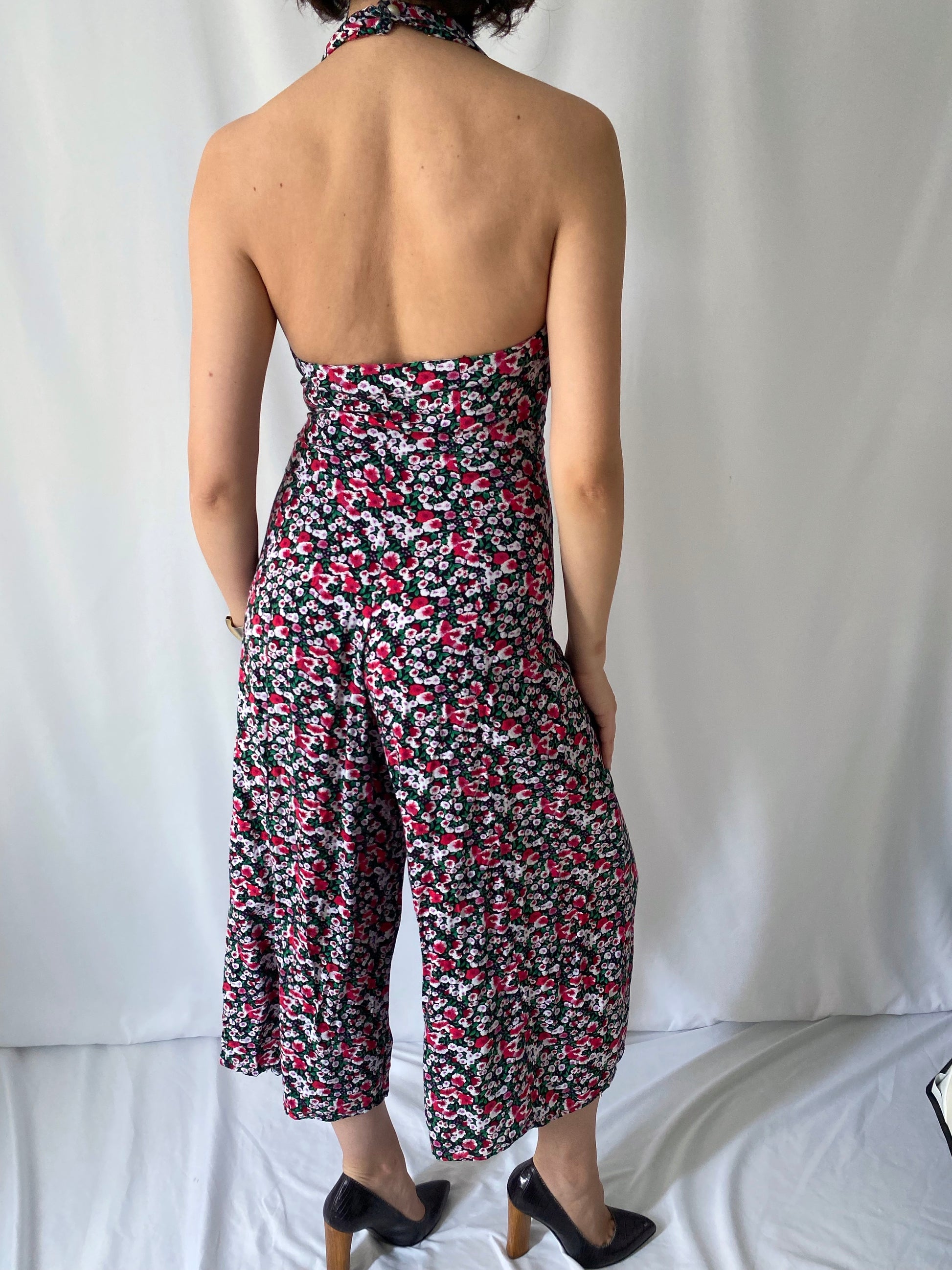90s vintage multicolor floral pearly button up halter flared pant jumpsuit
