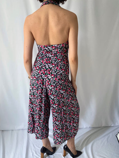 90s vintage multicolor floral pearly button up halter flared pant jumpsuit