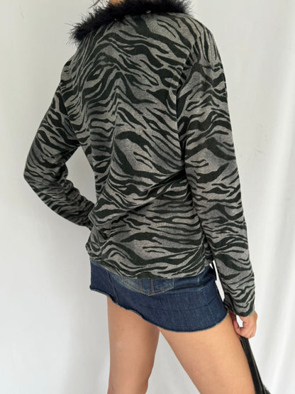 90s vintage grey zebra stripes feather trim top – medium | unique funky animal print long sleeved shirt