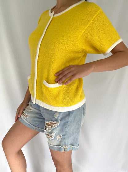 90s vintage yellow bright knit casual short sleeved shirt – medium | vacation terry cloth button up blouse cardigan