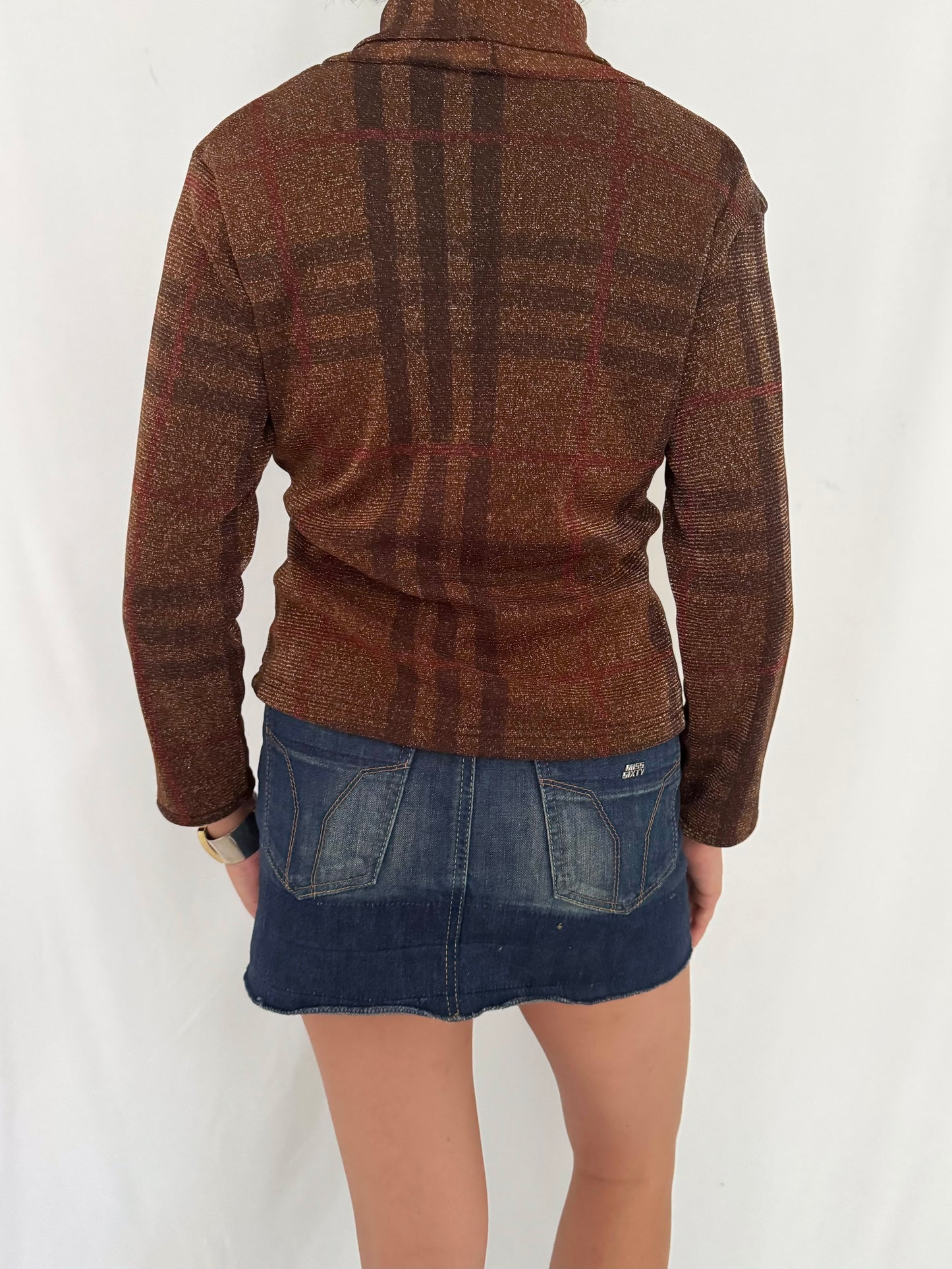 90s vintage brown metallic knit turtleneck sheer sweater blouse – small, medium | unique plaid shimmer funky collared top