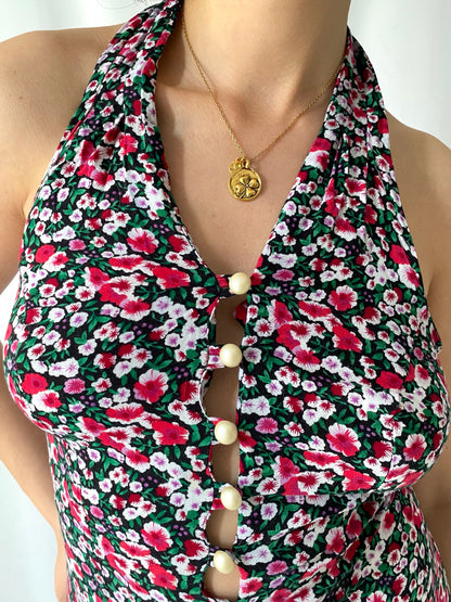 90s vintage multicolor floral pearly button up halter flared pant jumpsuit